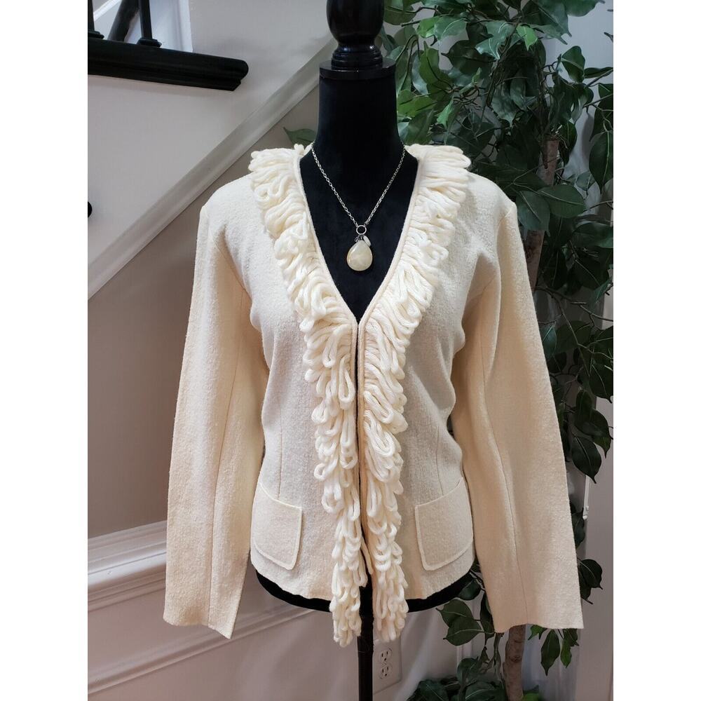Vintage C.L.O.T.H.E.S. White Fringe 100% Wool Long Sleeve Hook &‎ Eye Jacket XL